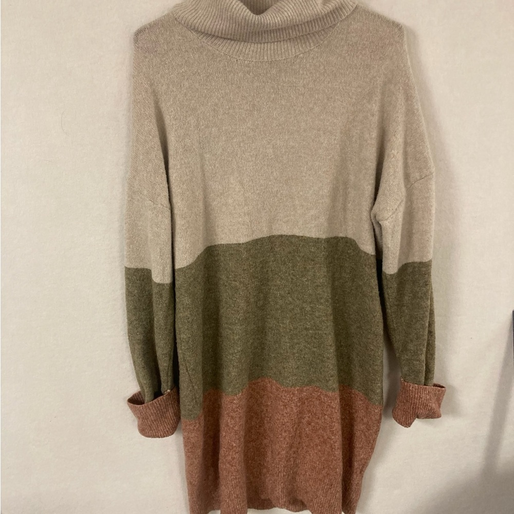 Rachel Zoe NY Knit Color Block Oversized Sweater Midi Dress Turtleneck Sz M
